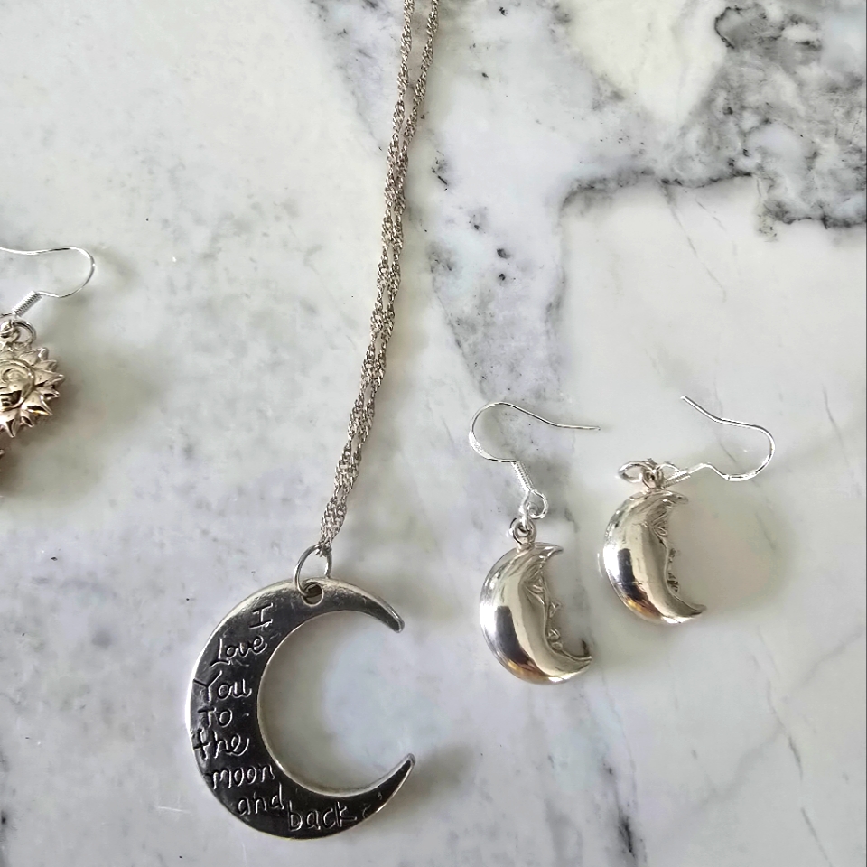 I Love You To The Moon & Back Sterling Necklace & Moon Earrings Set.
